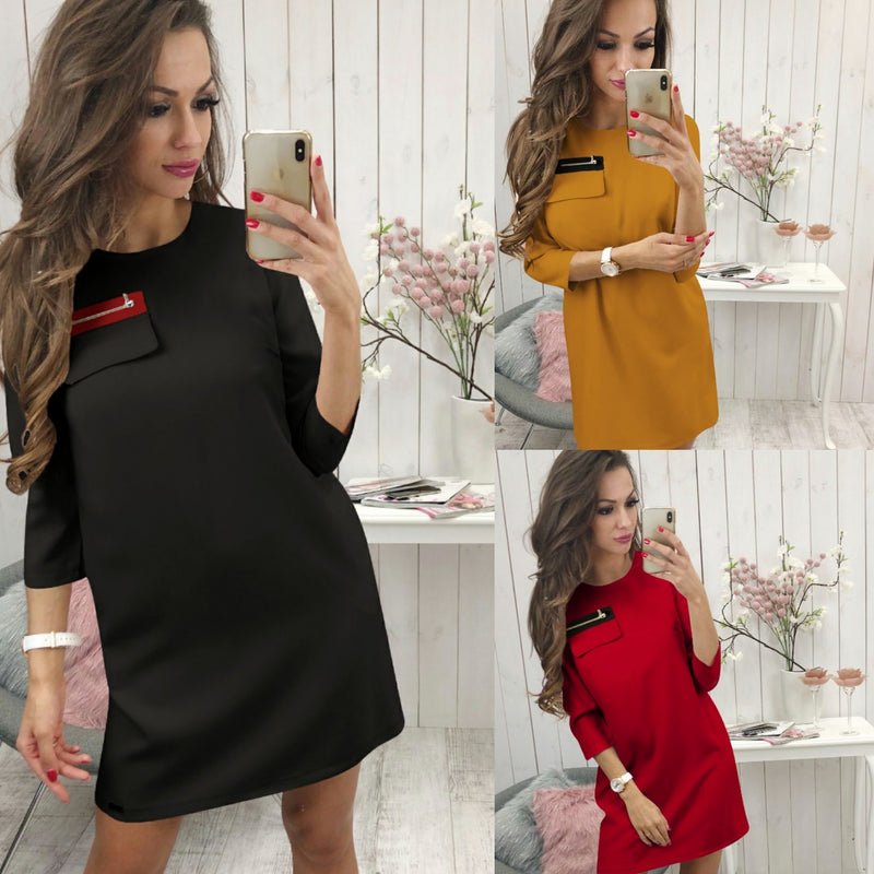 Black 3/4 Length Sleeve Plain Casual Crew Neck Mini Dress - Landing Closet