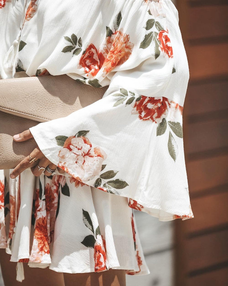 Red Flowers Printed Off Shoulder Mini Dress