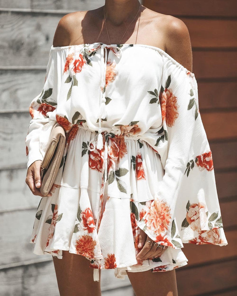 Red Flowers Printed Off Shoulder Mini Dress