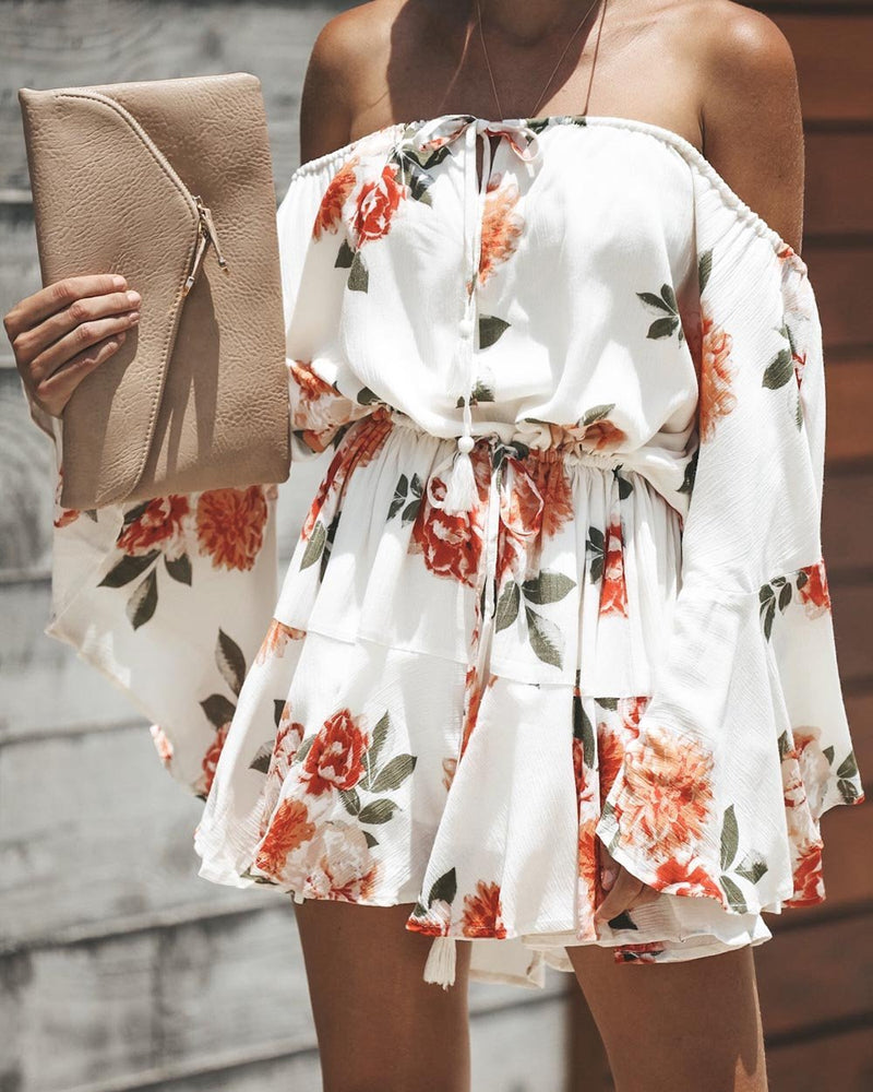 Red Flowers Printed Off Shoulder Mini Dress