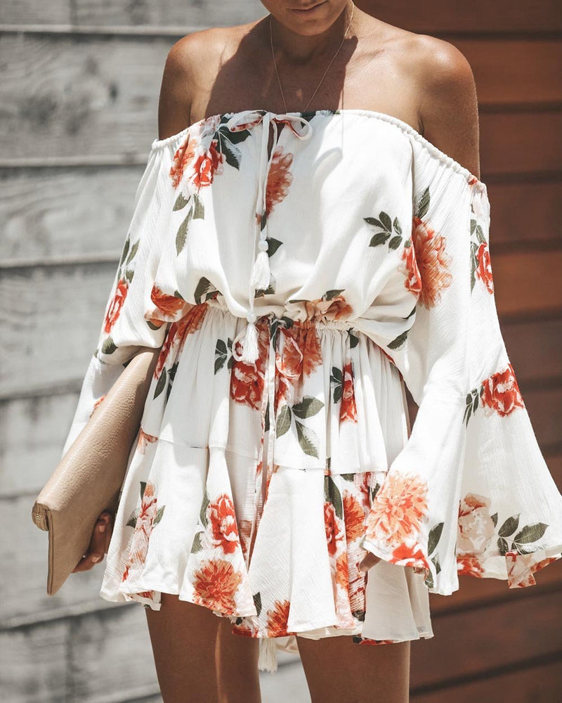 Red Flowers Printed Off Shoulder Mini Dress