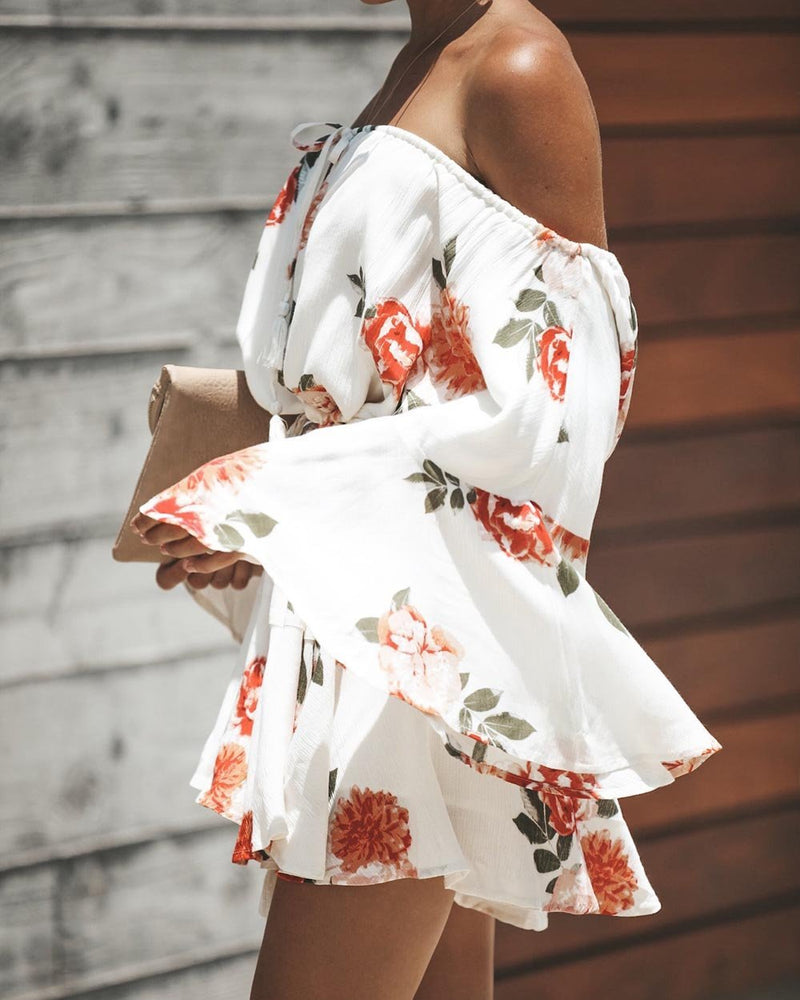 Red Flowers Printed Off Shoulder Mini Dress