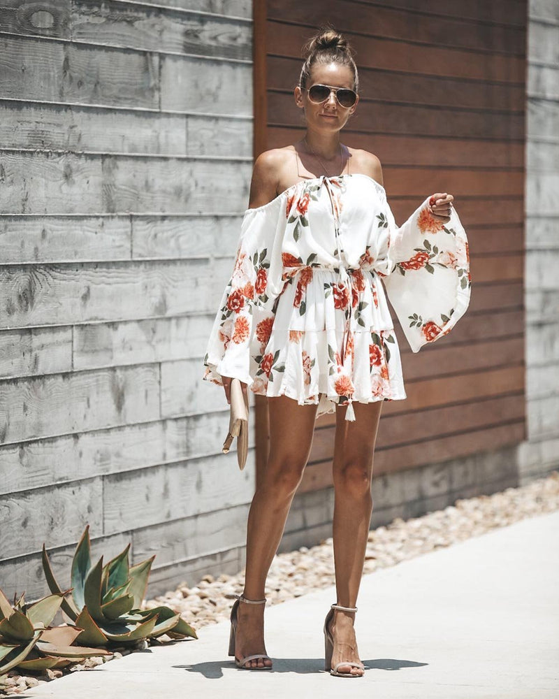 Red Flowers Printed Off Shoulder Mini Dress