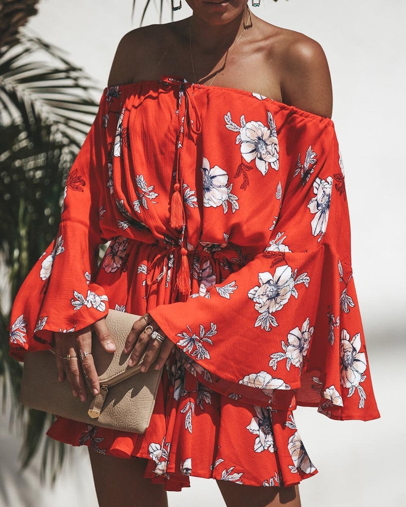 Red Flowers Printed Off Shoulder Mini Dress