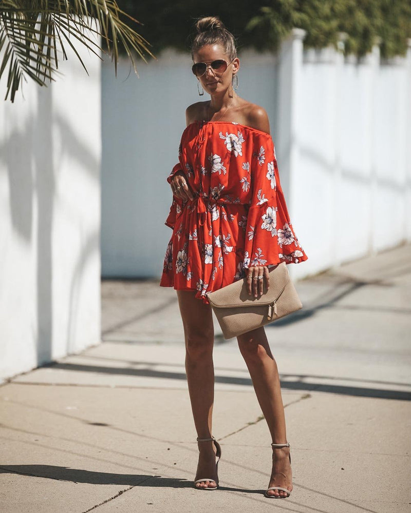 Red Flowers Printed Off Shoulder Mini Dress