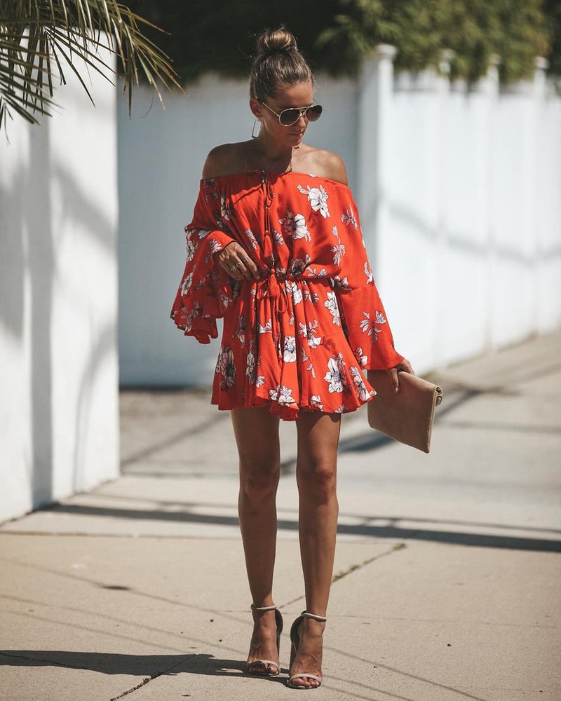 Red Flowers Printed Off Shoulder Mini Dress