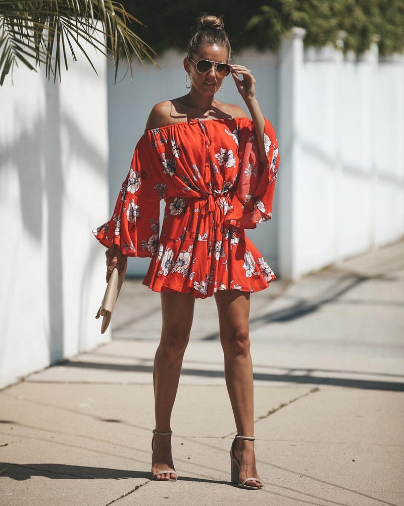 Red Flowers Printed Off Shoulder Mini Dress