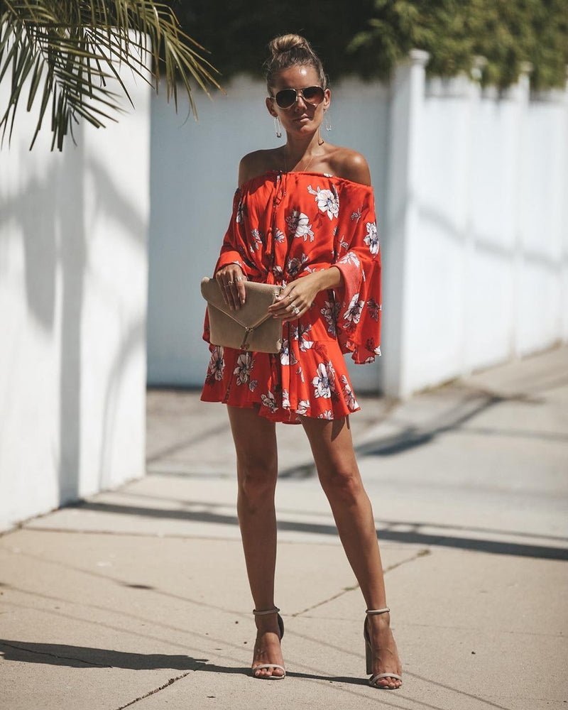 Red Flowers Printed Off Shoulder Mini Dress