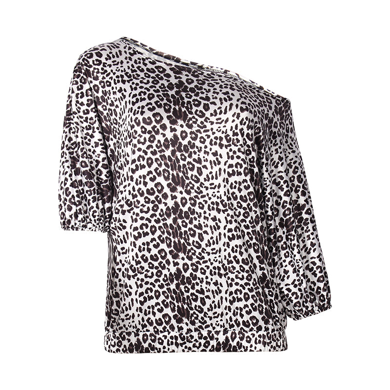 One Shoulder Short Sleeve Leopard Print Top