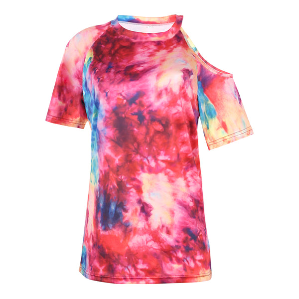 One Side Cold Shoulder Crew Neck Tie Dye T Shirt