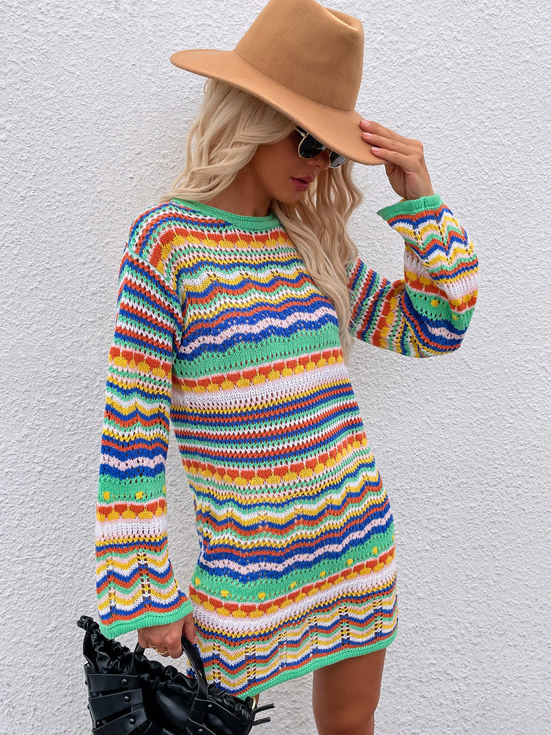 Crew Neck Long Sleeve Casual Knit Mini Sweater Dress