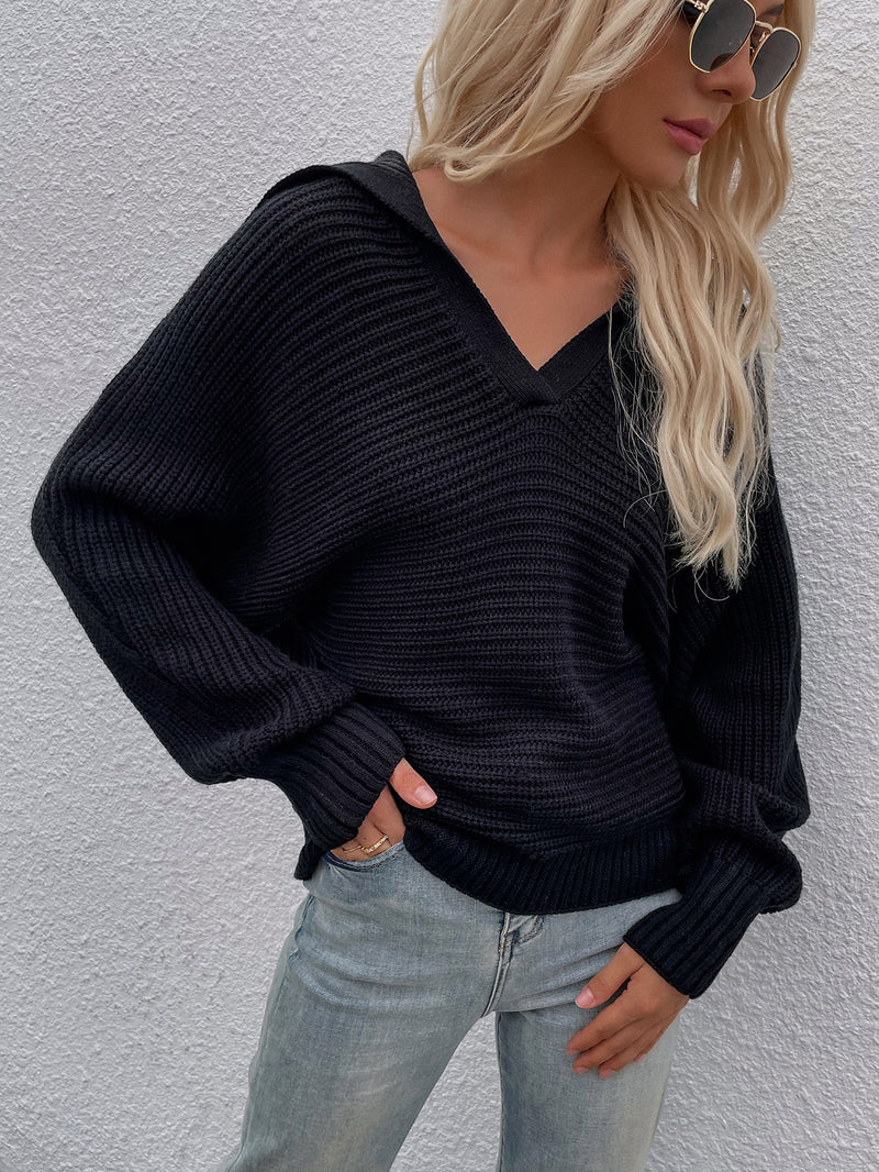 Collar V Neck Long Sleeve Loose Knitted Sweater