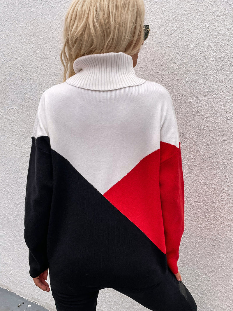 Turtleneck Long Sleeve Knit Color Block Sweater