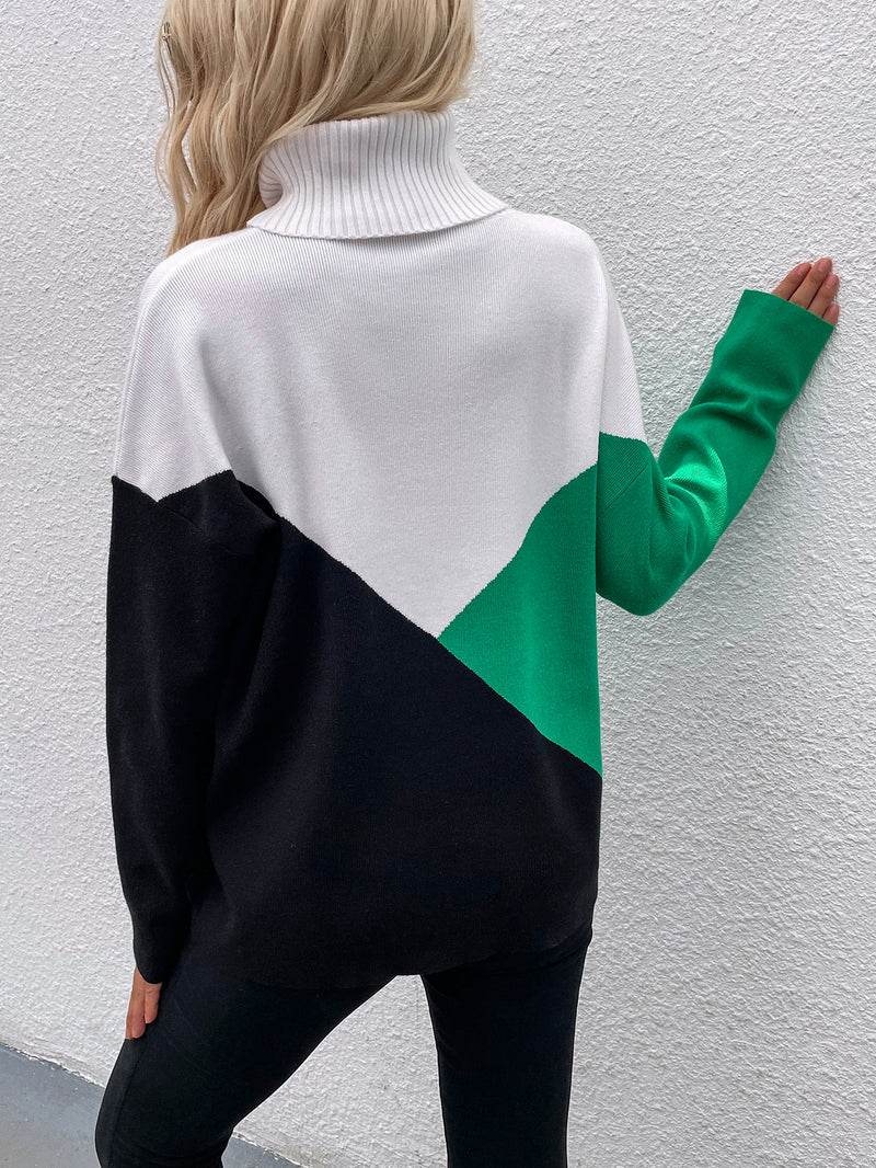 Turtleneck Long Sleeve Knit Color Block Sweater