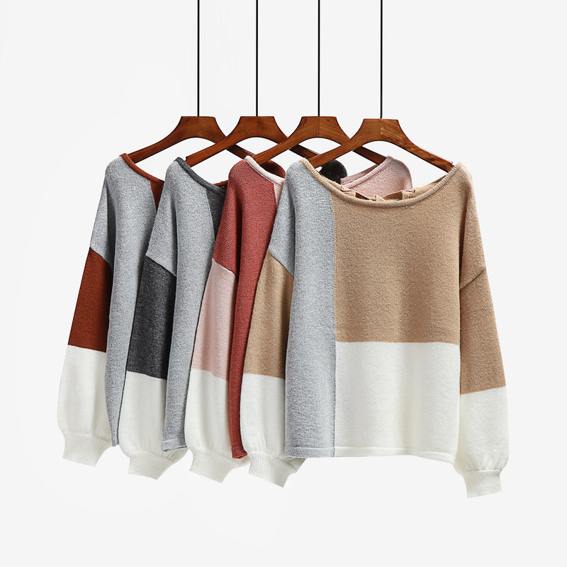 Color Block Tie Back Long Sleeve Patchwork Sweater Top