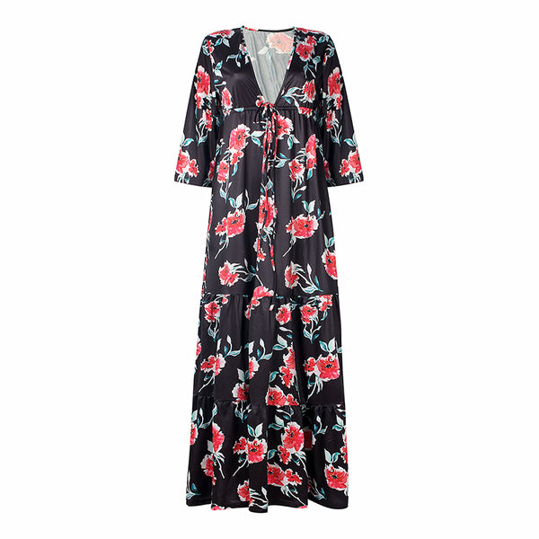 Casual Floral V Neck Long Maxi Dress