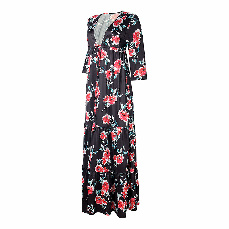 Casual Floral V Neck Long Maxi Dress