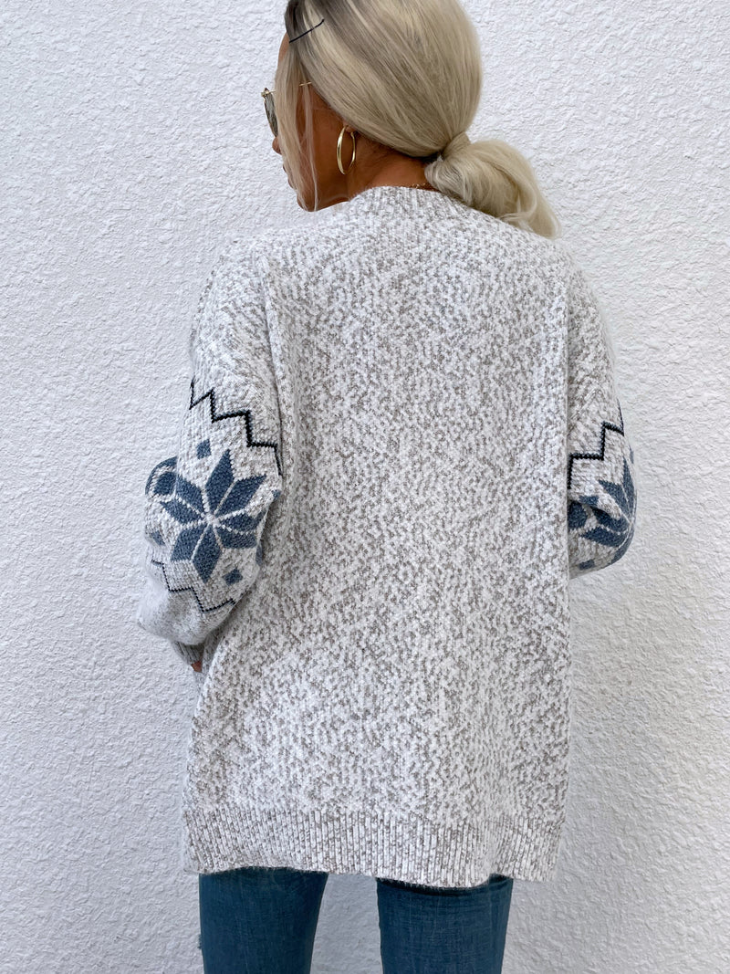 Printed Buttoned Knitted Long Sleeve Sweater Cardigan