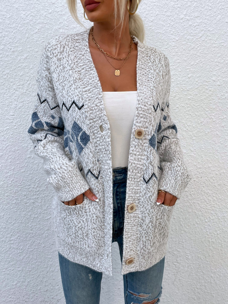 Printed Buttoned Knitted Long Sleeve Sweater Cardigan