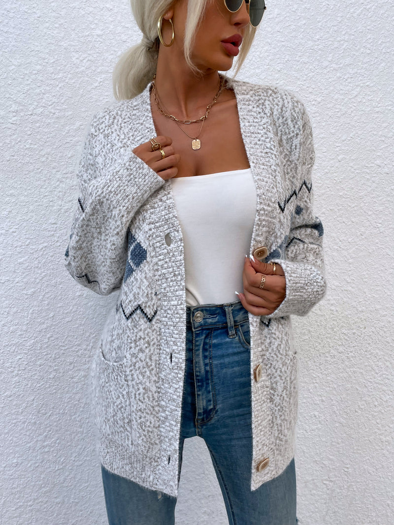 Printed Buttoned Knitted Long Sleeve Sweater Cardigan