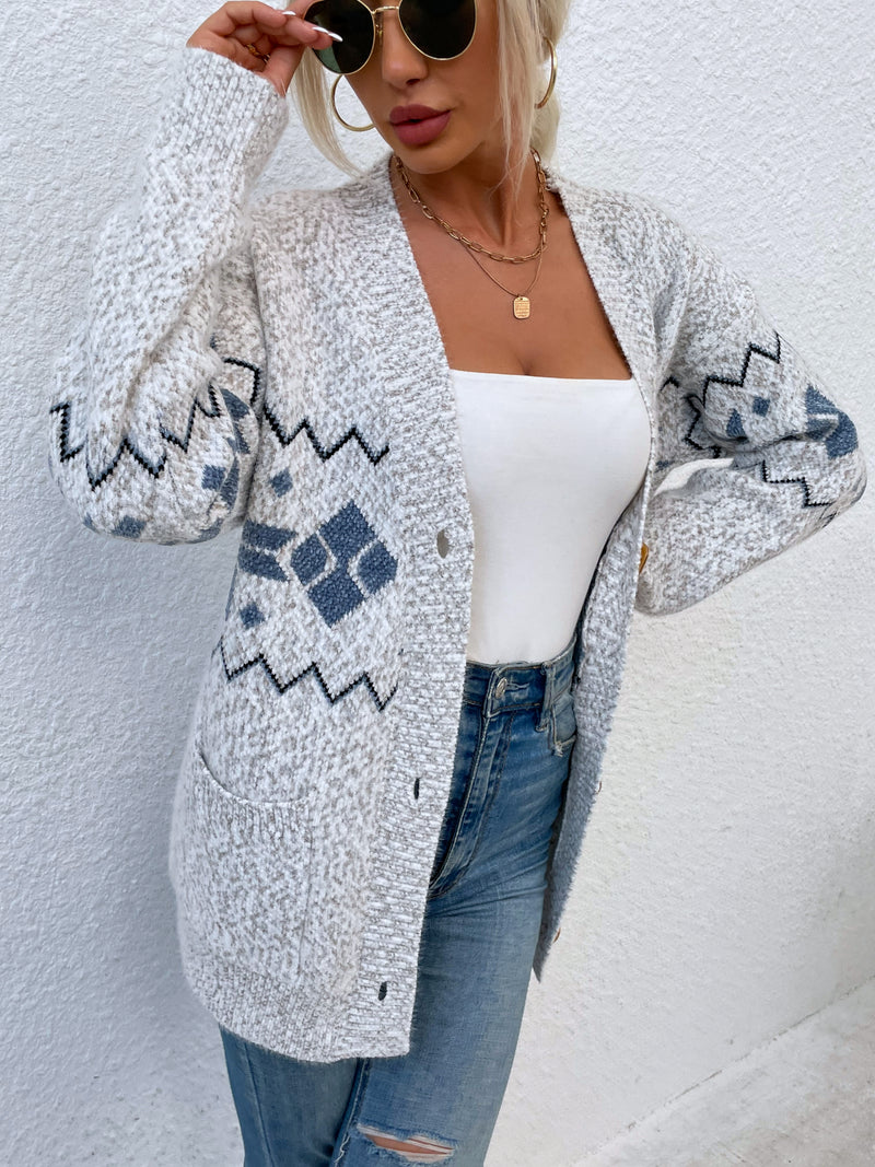 Printed Buttoned Knitted Long Sleeve Sweater Cardigan