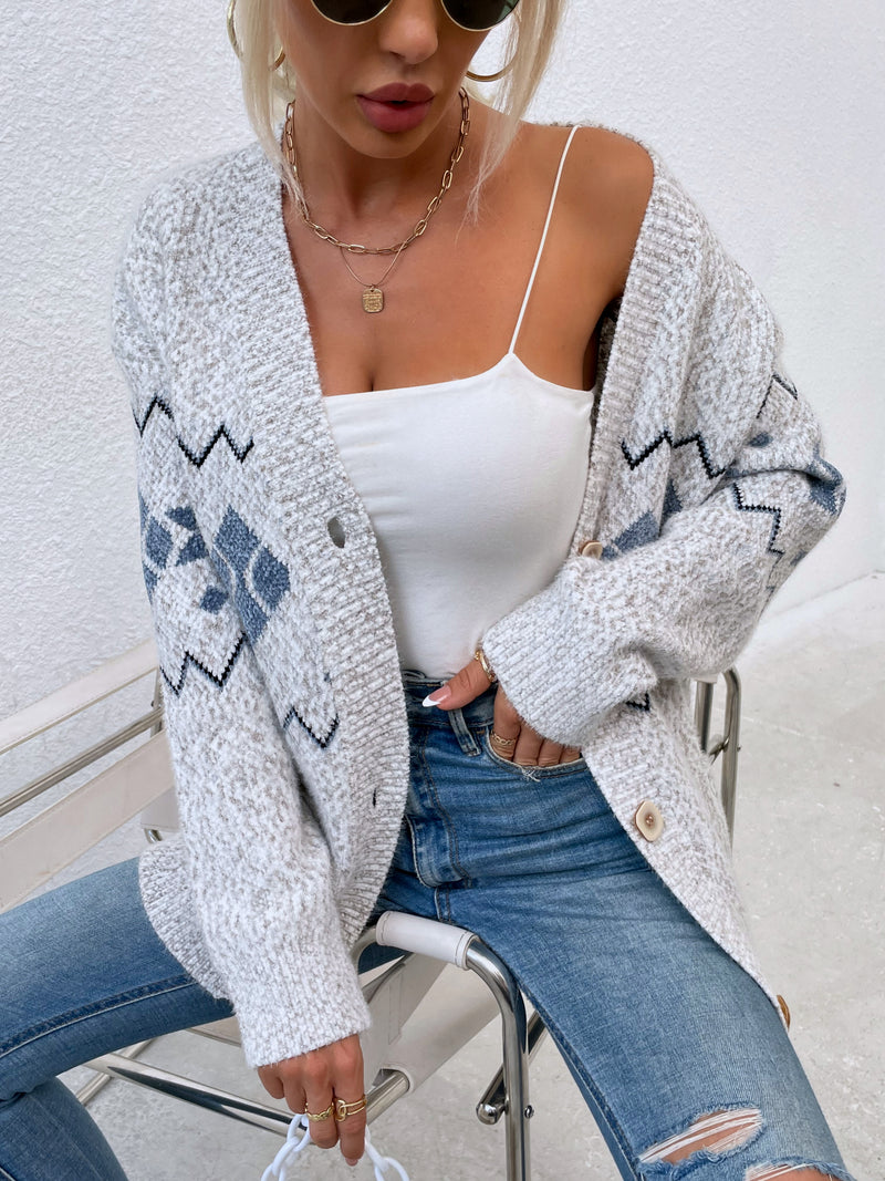 Printed Buttoned Knitted Long Sleeve Sweater Cardigan