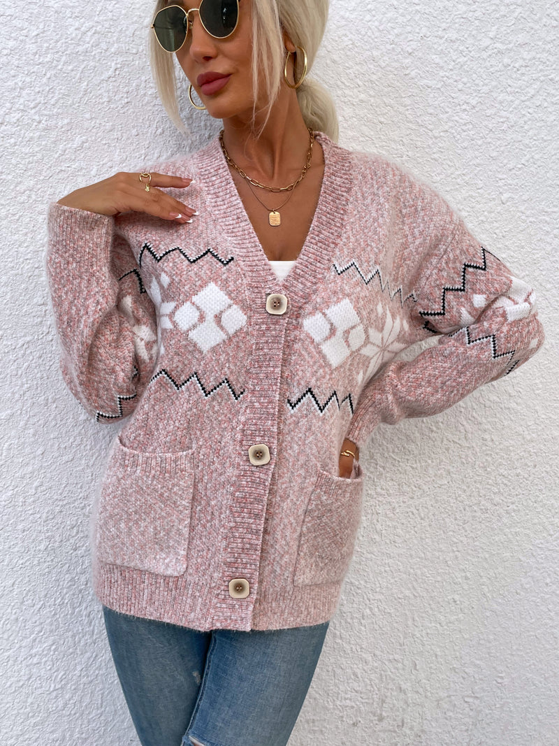 Printed Buttoned Knitted Long Sleeve Sweater Cardigan