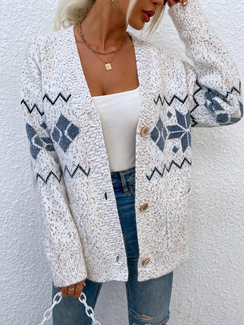 Printed Buttoned Knitted Long Sleeve Sweater Cardigan