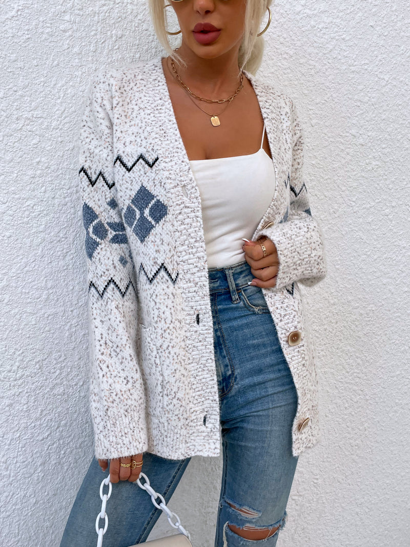 Printed Buttoned Knitted Long Sleeve Sweater Cardigan