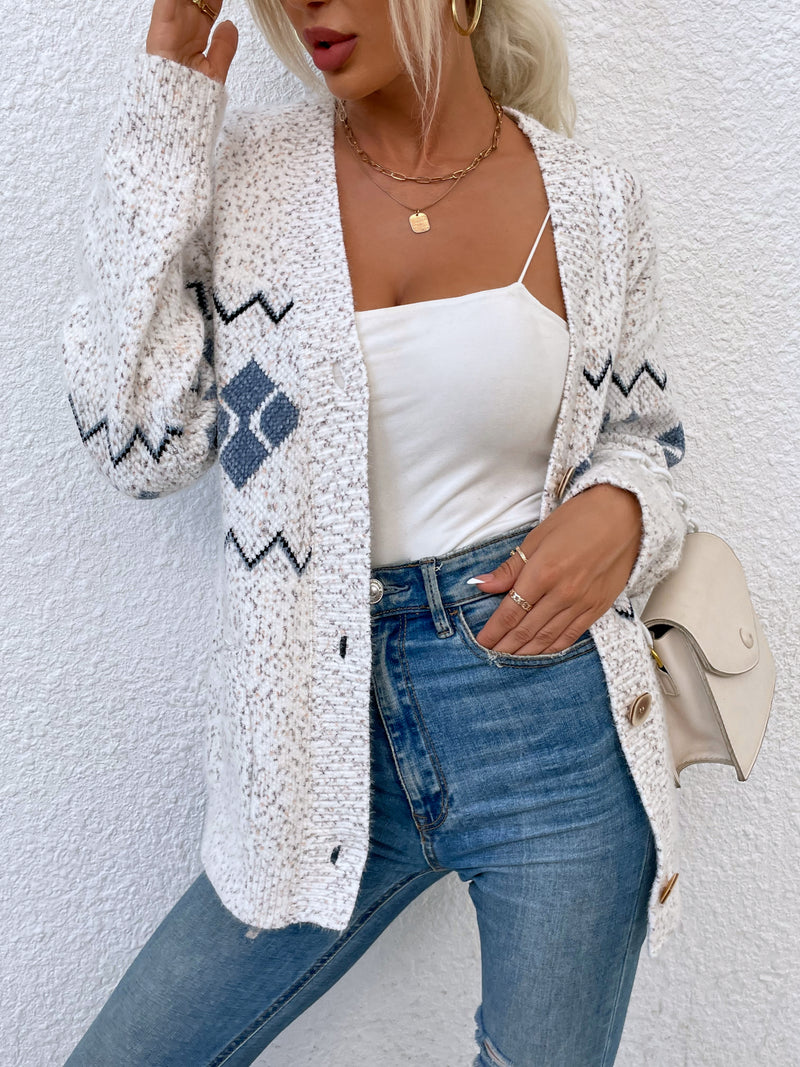 Printed Buttoned Knitted Long Sleeve Sweater Cardigan