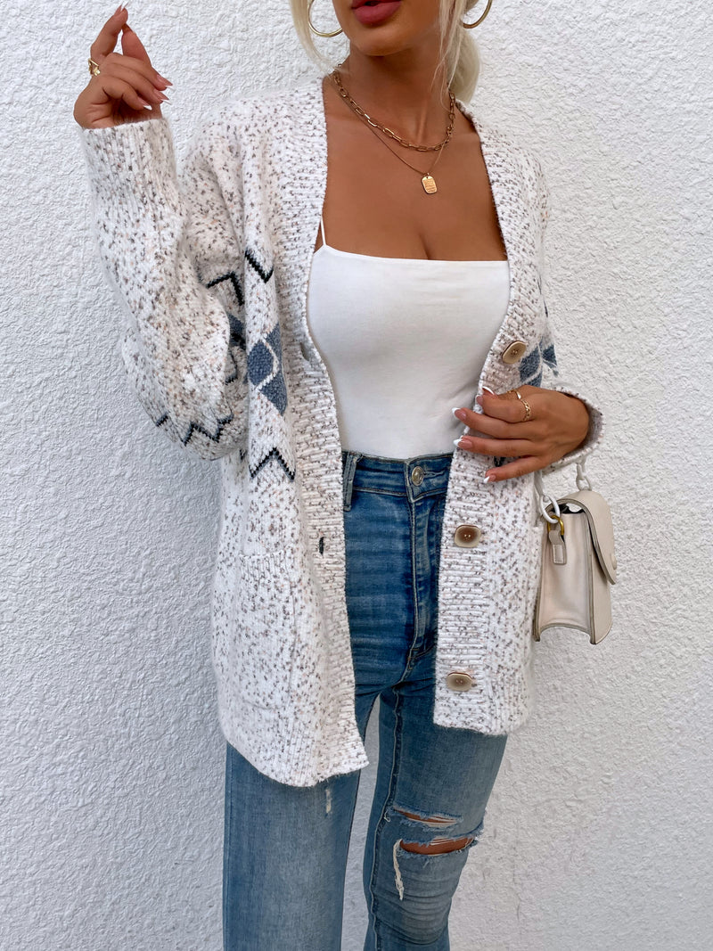 Printed Buttoned Knitted Long Sleeve Sweater Cardigan