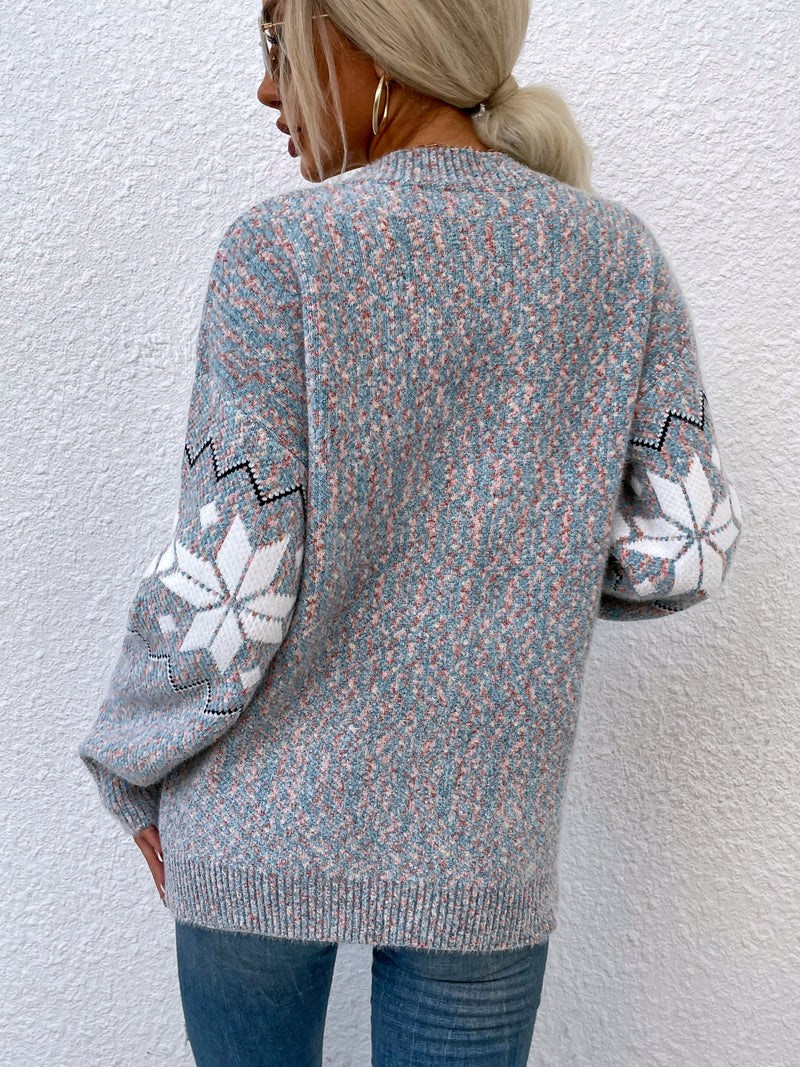 Printed Buttoned Knitted Long Sleeve Sweater Cardigan