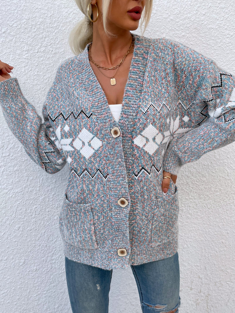 Printed Buttoned Knitted Long Sleeve Sweater Cardigan