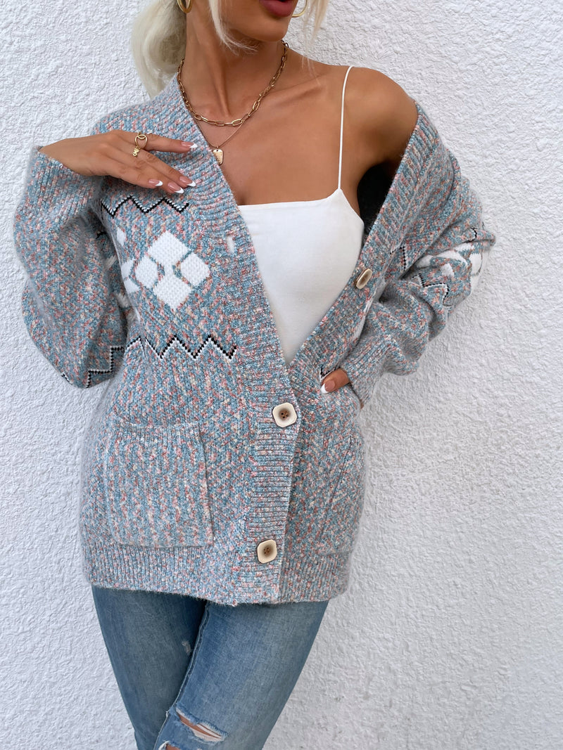 Printed Buttoned Knitted Long Sleeve Sweater Cardigan