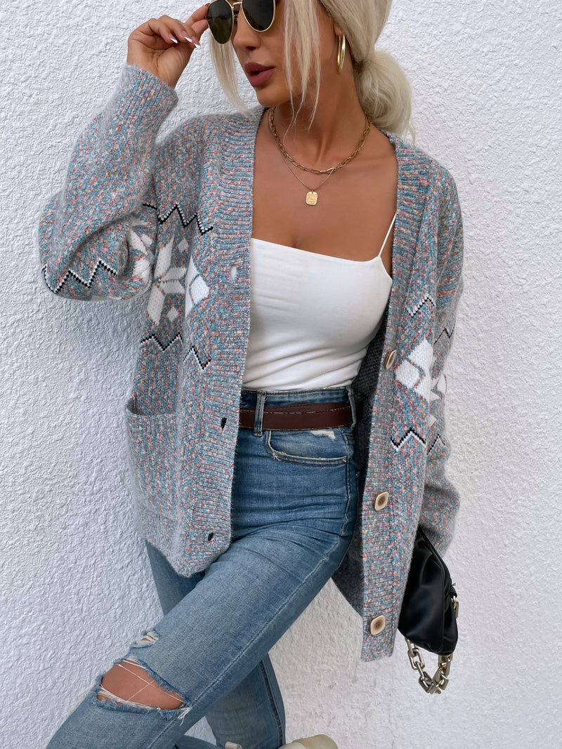 Printed Buttoned Knitted Long Sleeve Sweater Cardigan