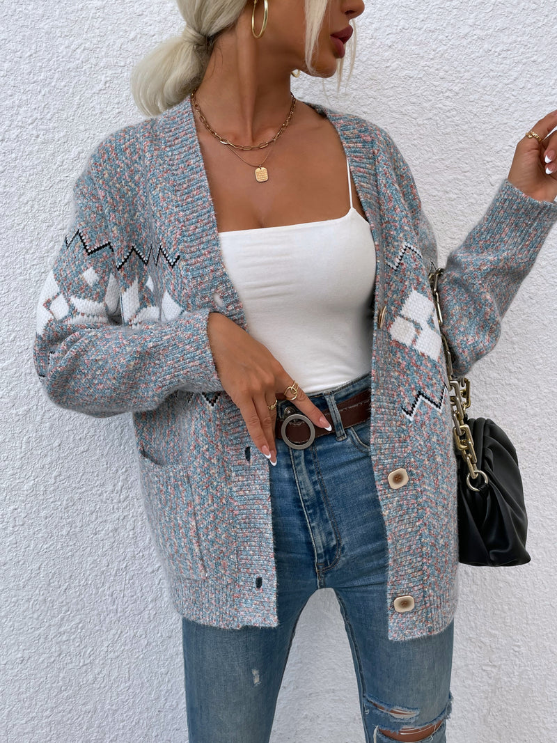 Printed Buttoned Knitted Long Sleeve Sweater Cardigan