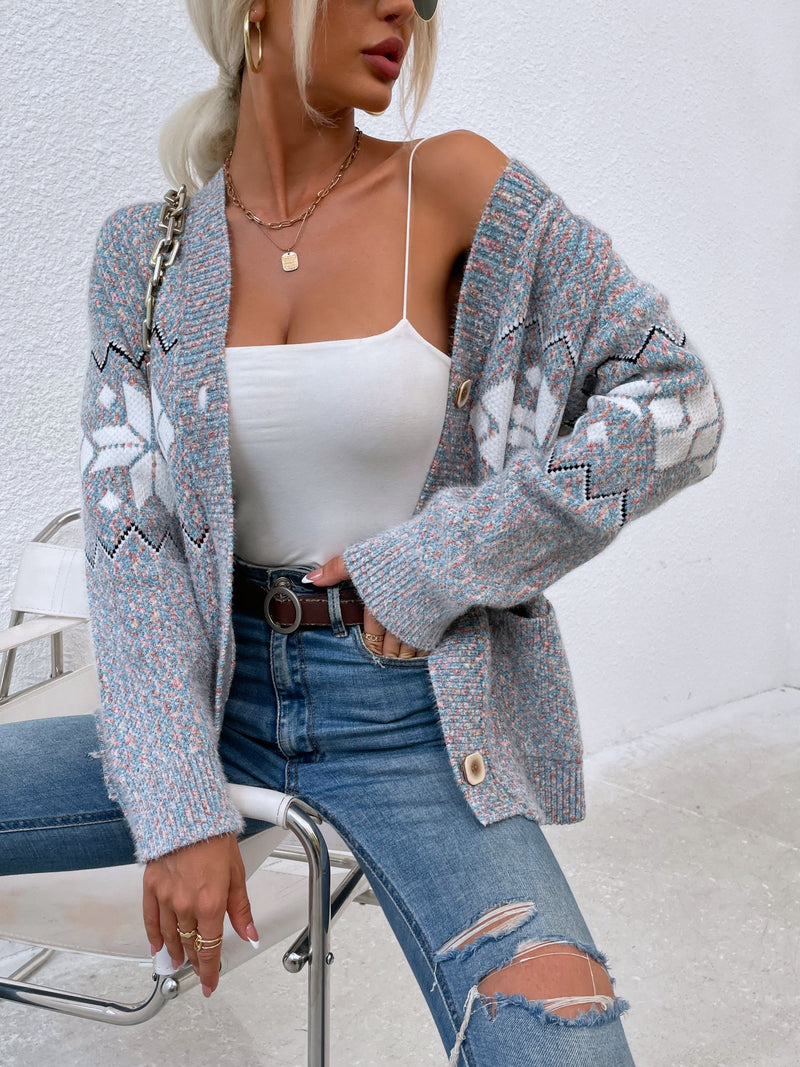 Printed Buttoned Knitted Long Sleeve Sweater Cardigan