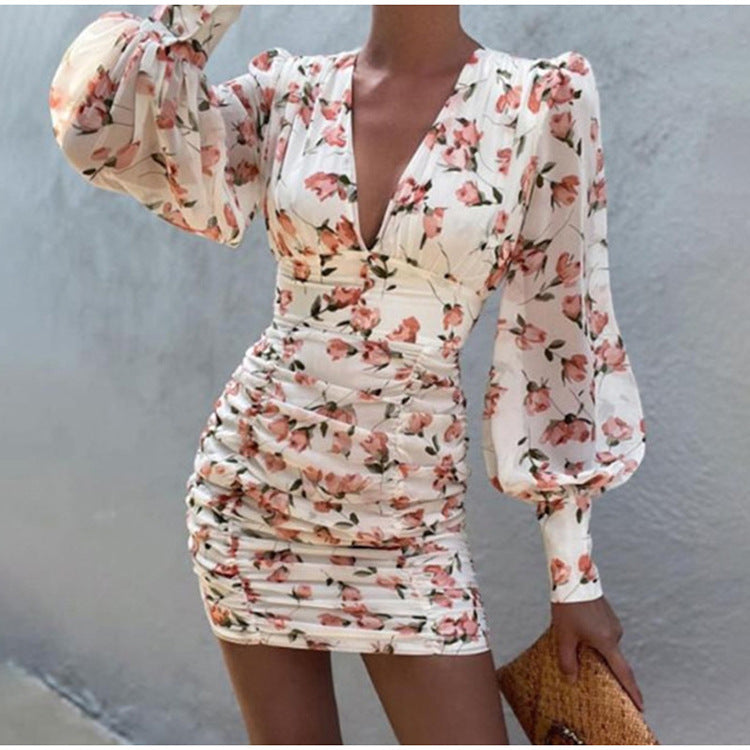 Deep V Neck Long Sleeve Floral Mini Dress