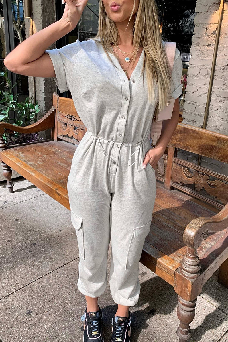 Button Drawstring Pockets Jogger Jumpsuit