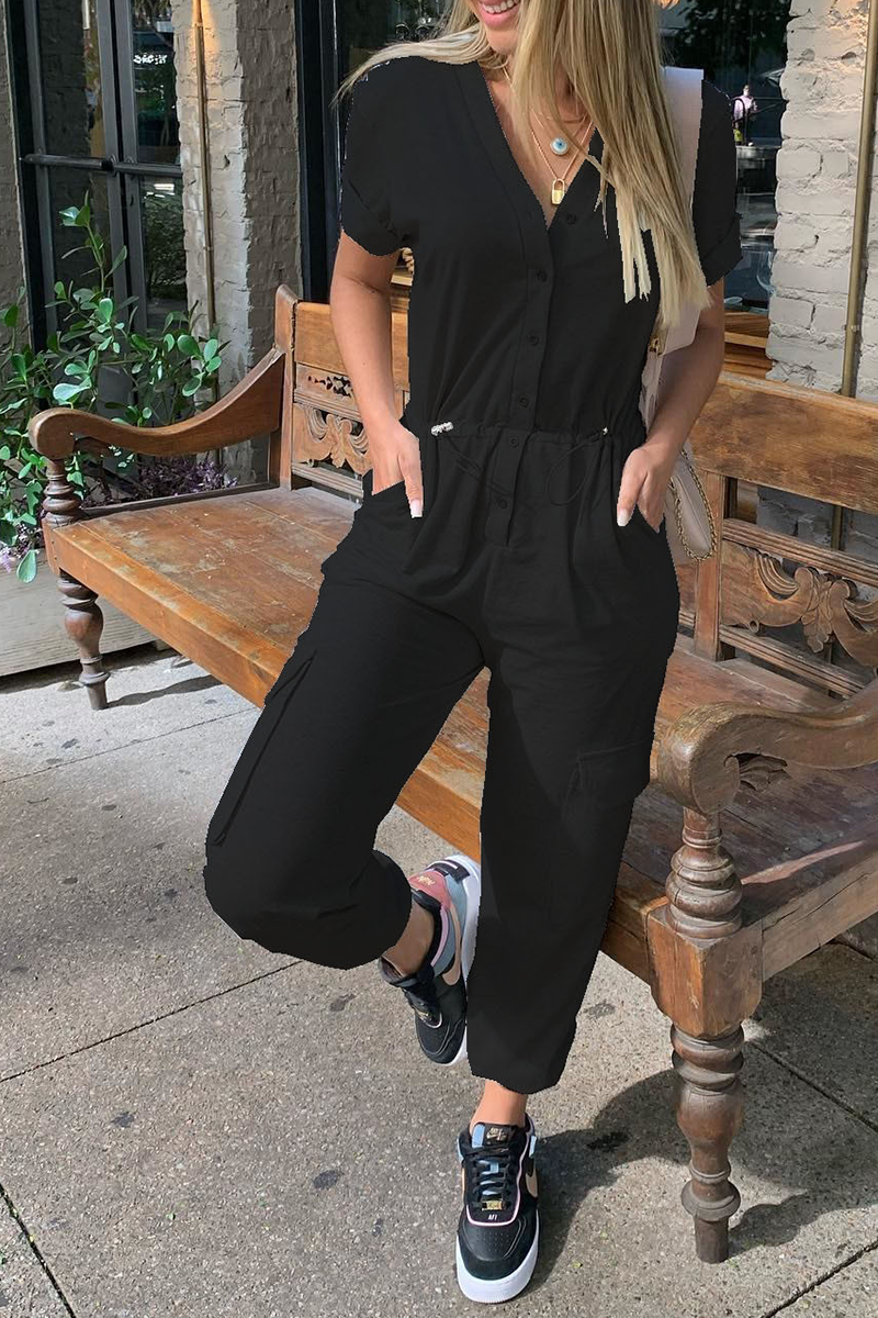 Button Drawstring Pockets Jogger Jumpsuit