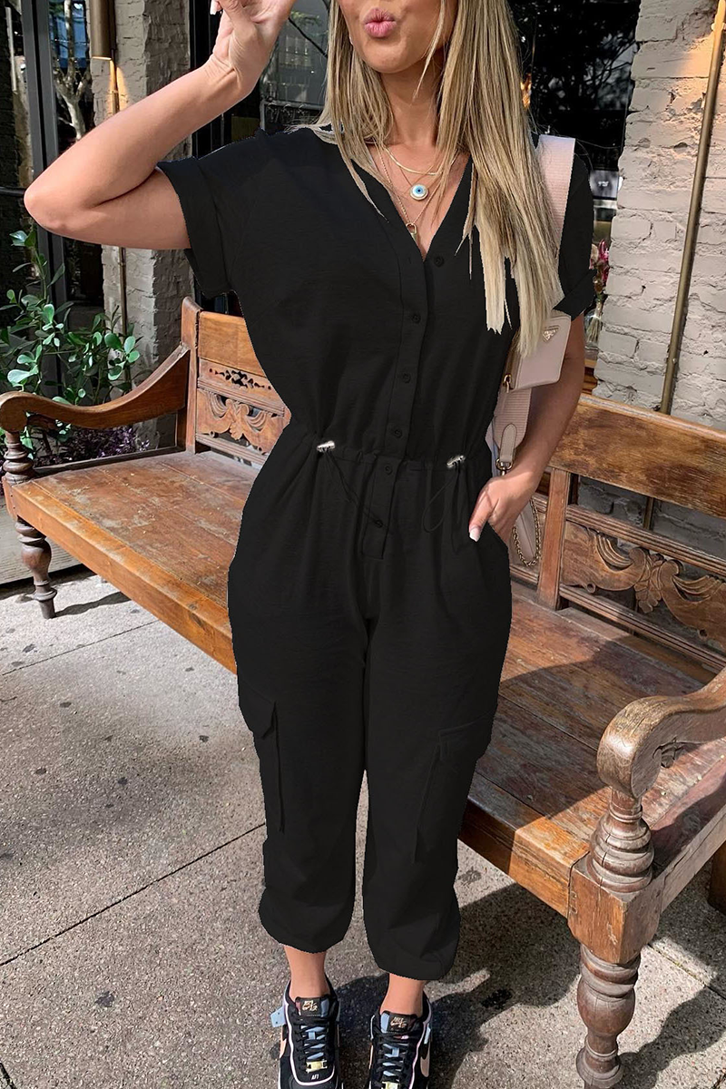 Button Drawstring Pockets Jogger Jumpsuit