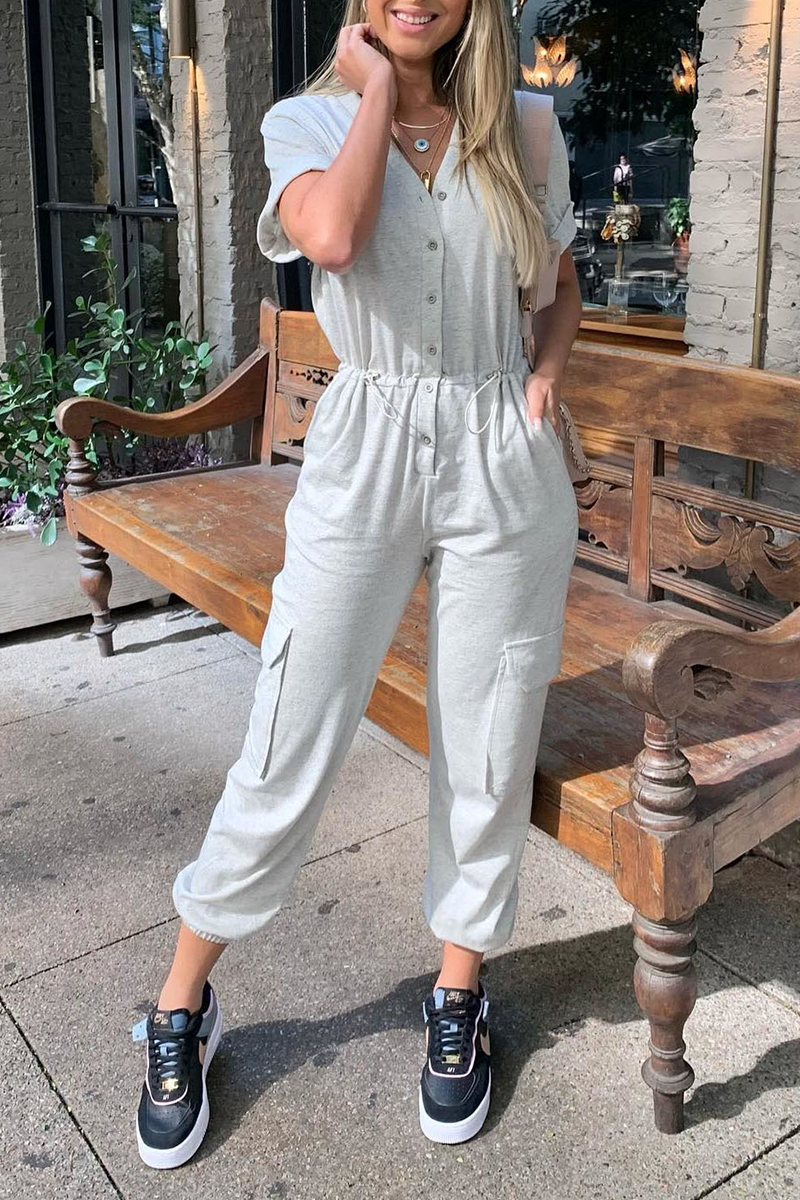 Button Drawstring Pockets Jogger Jumpsuit