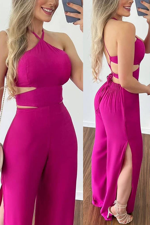 Halter Neck Lace Back Slit Jumpsuits