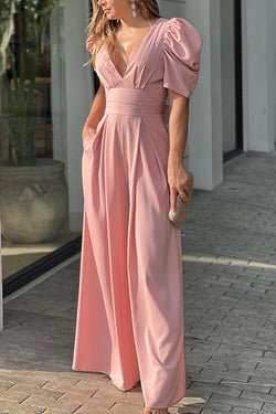 V Neck Puff Sleeve Belted Jumpsuit