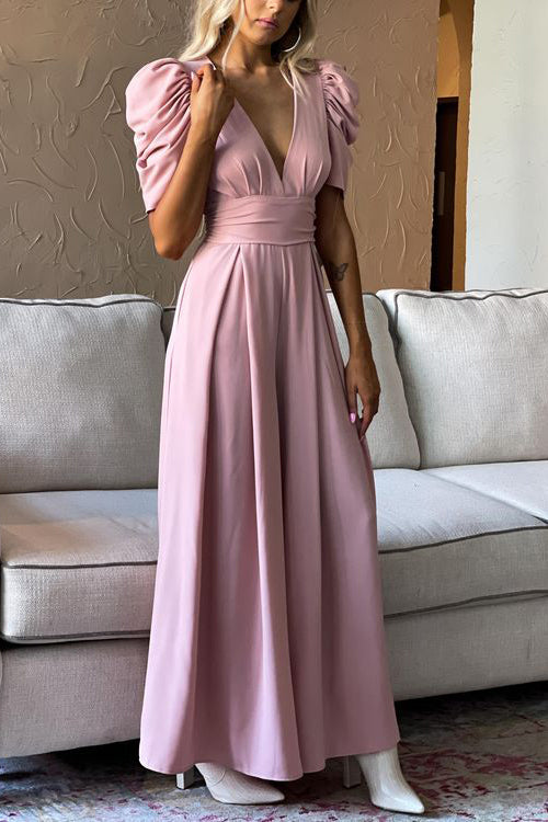 V Neck Puff Sleeve Belted Jumpsuit