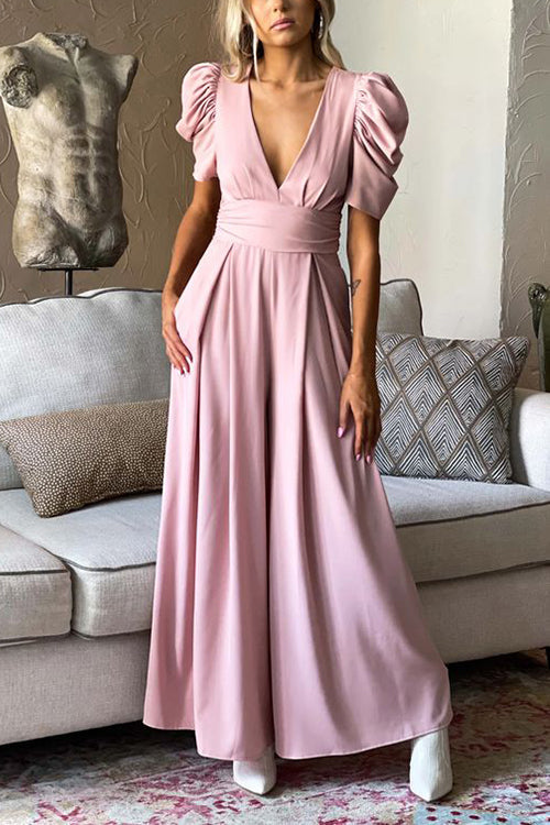 V Neck Puff Sleeve Belted Jumpsuit