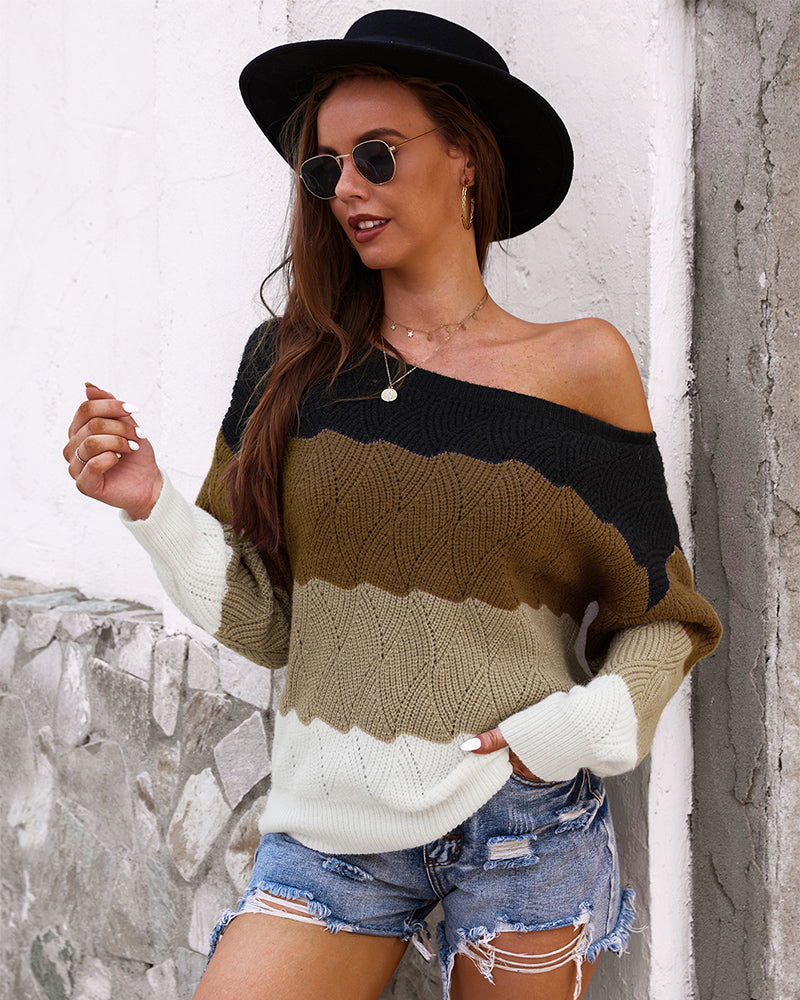 Off Shoulder Knit Color Block Casual Sweater