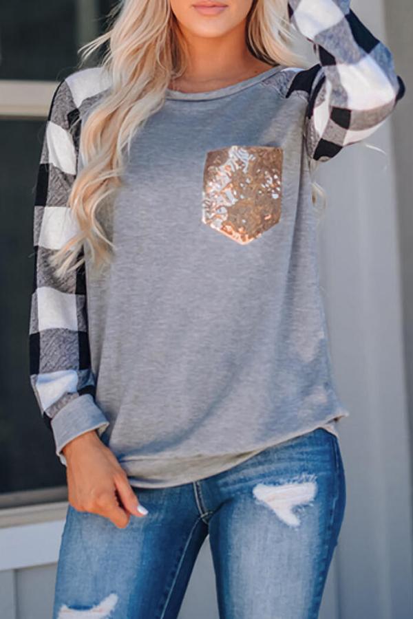 Check print sequin pocket Blouse