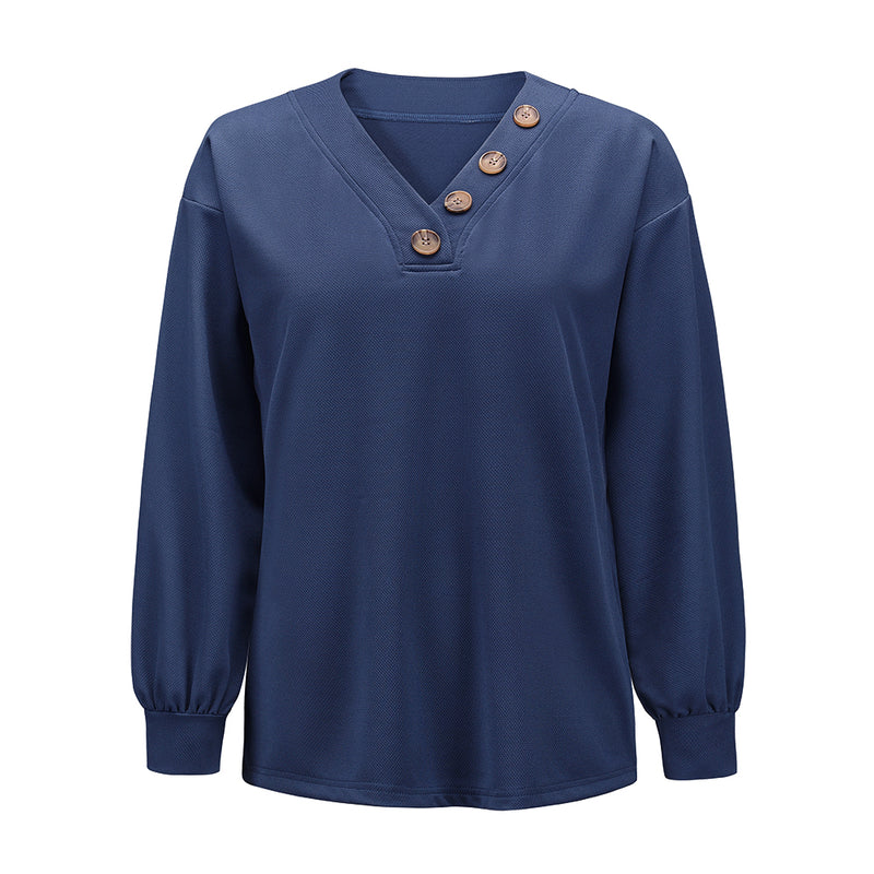 Long Sleeve Collar Button V Neck Tops