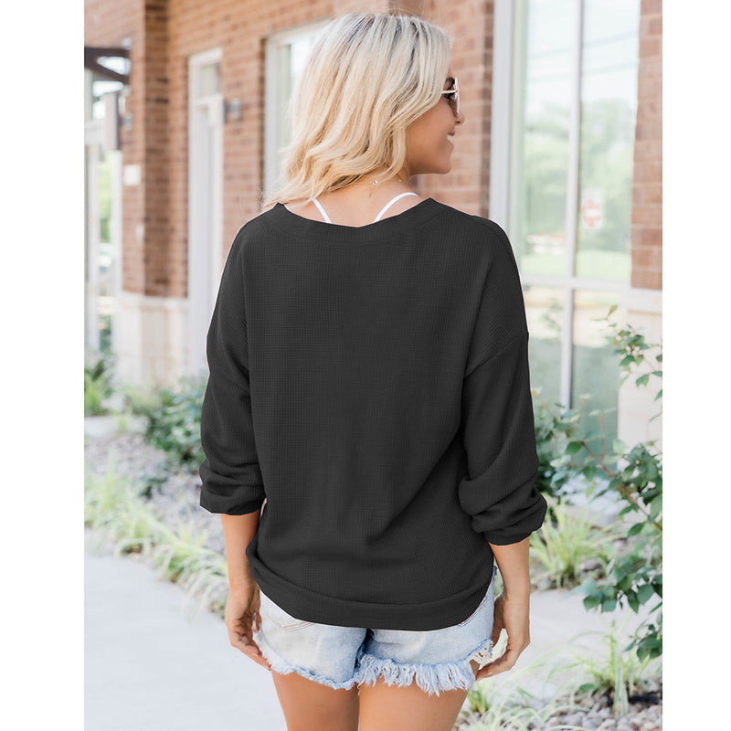 Long Sleeve Collar Button V Neck Tops